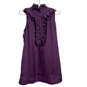 BYSI 100% Silk Purple Ruffle High Neck Lace Trim Sleeveless‎ Mini Dress 42 or 6